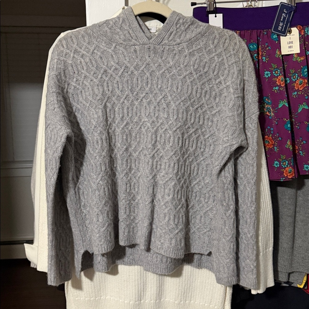 Aqua Cashmere Sweater Cable Knit Hooded Gray Women's Size Large